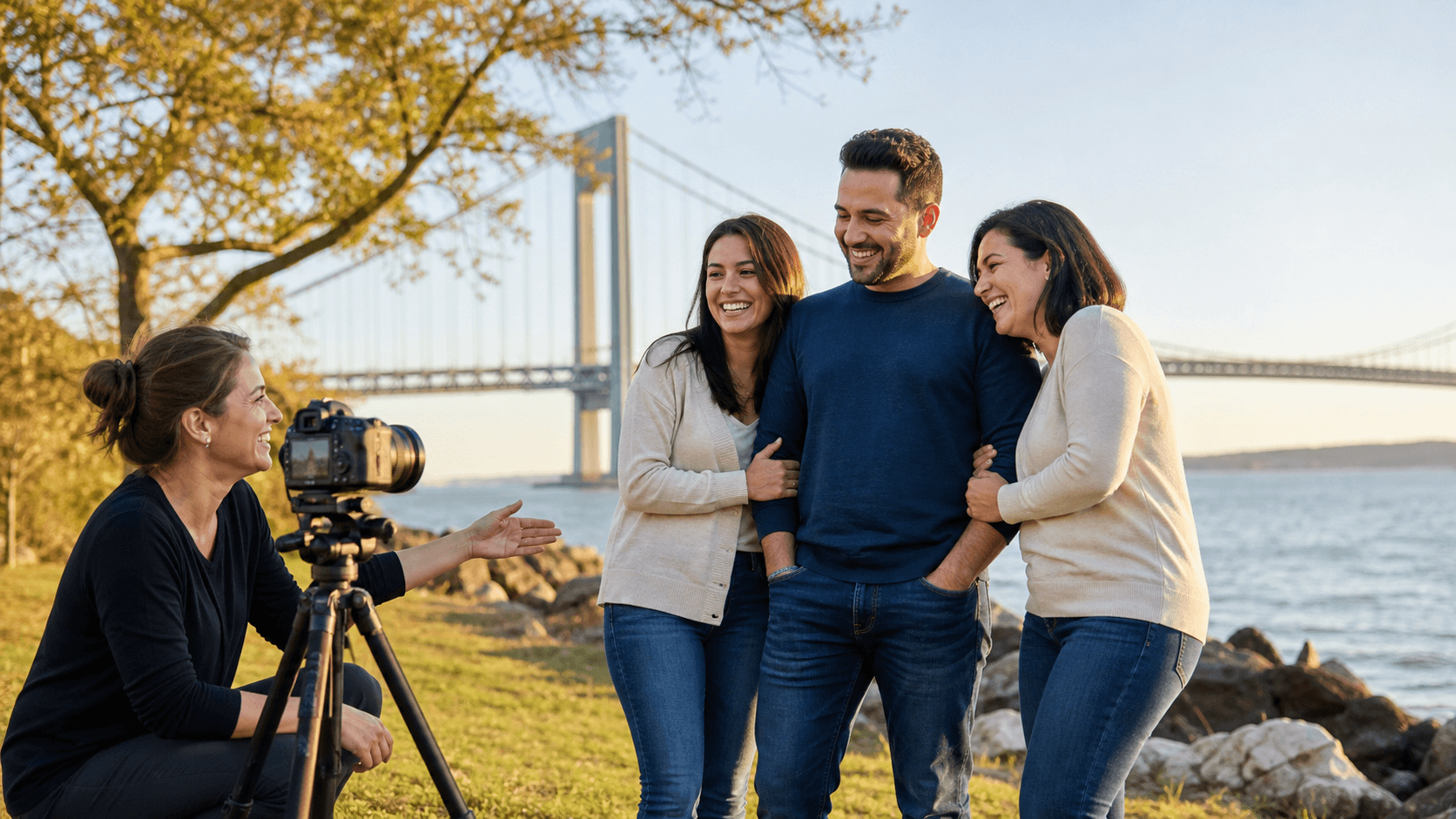 Family of four smiles together on a sunlit Staten Island beach with soft waves and golden evening light.